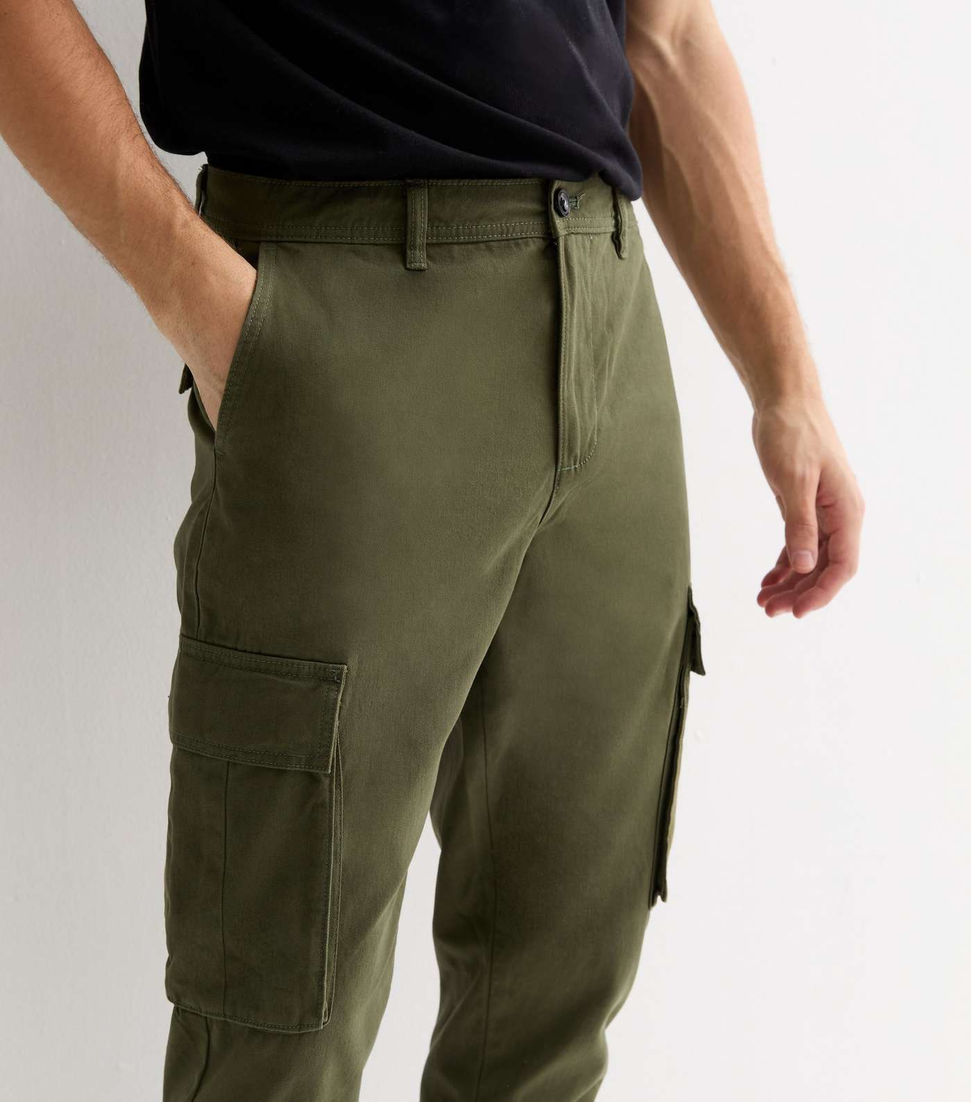 Khaki Cotton Tapered Cargo Trousers Image 3