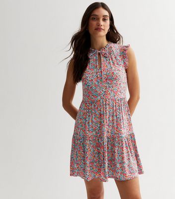 Multicoloured Ditsy Floral Tie Neck Mini Dress New Look