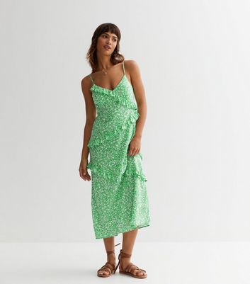 Green Ditsy Floral Frill Strappy Midi Dress | New Look