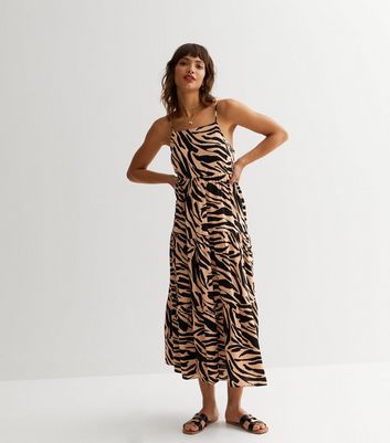 Brown Zebra Print Strappy Tiered Midi Dress New Look