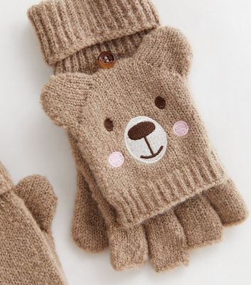 Girls Stone Knit Bear Flip Top Gloves New Look