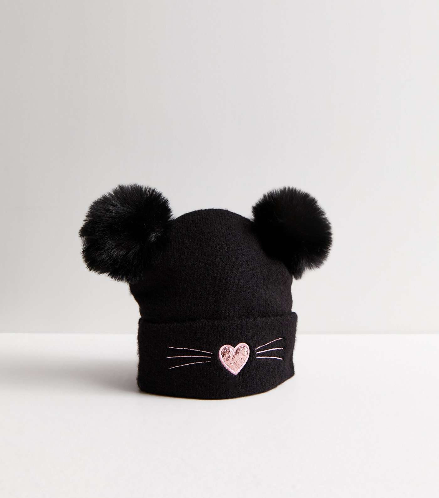 Girls Black Cat Bobble Hat and Fingerless Gloves Set Image 2