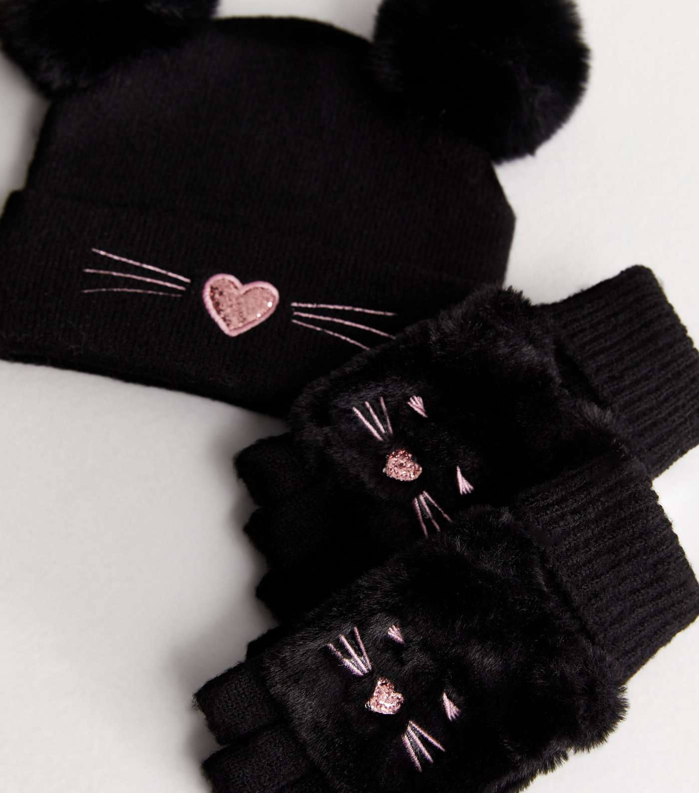 Girls Black Cat Bobble Hat and Fingerless Gloves Set Image 4
