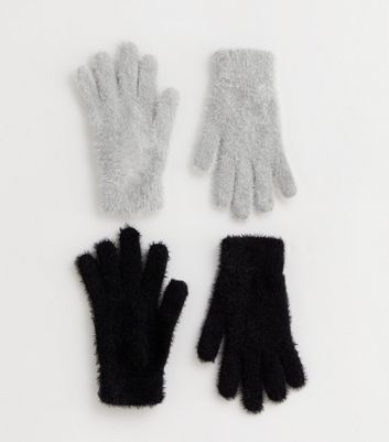 2 Pack Black and Grey Eyelash Knit Gloves New Look
