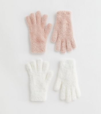 2 Pack Pink and White Eyelash Knit Gloves New Look
