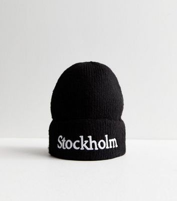 Black Ribbed Stockholm Logo Beanie New Look