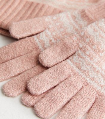 Pink Fair Isle Print Hat & Gloves Set New Look