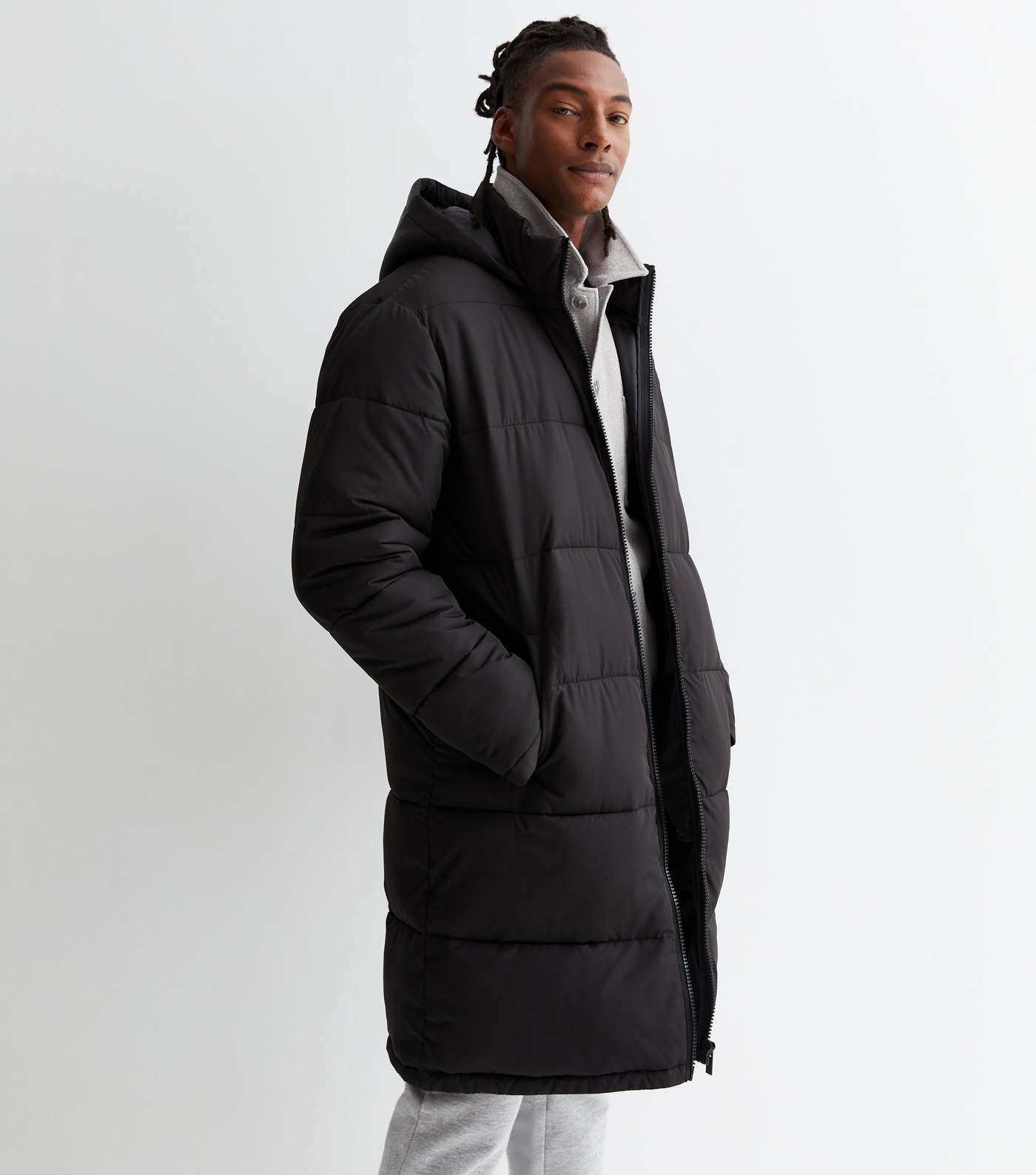 Black Longline Hooded Puffer Coat Image 2