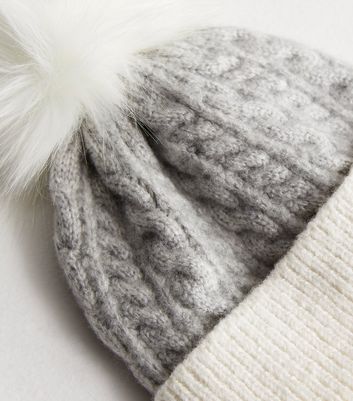Pale Grey Cable Knit Pom Pom Bobble Hat New Look