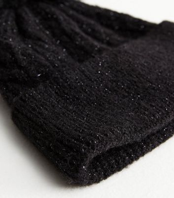 Black Glitter Knit Faux Fur Pom Pom Bobble Hat New Look