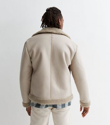Stone Faux Shearling Aviator Jacket | New Look