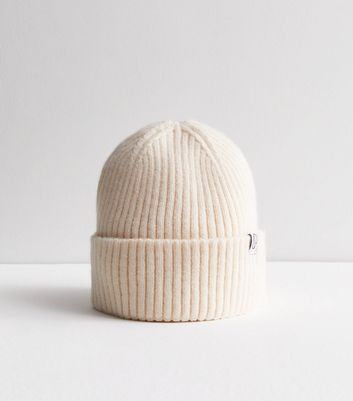 Girls Cream Ribbed Knit Tab Front Beanie New Look