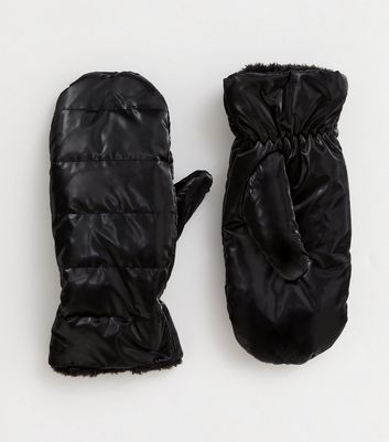 Girls Black Leather-Look Puffer Mittens New Look