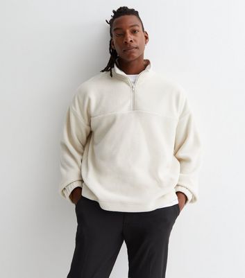 Men's Off White Fleece Zip Neck Oversized Sweatshirt New Look