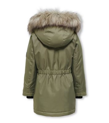 KIDS ONLY Olive Faux Fur Hooded Parka Jacket New Look