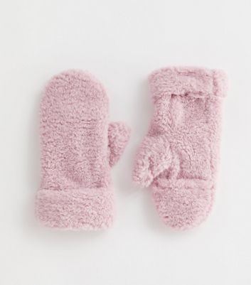 Girls Pink Borg Mittens New Look