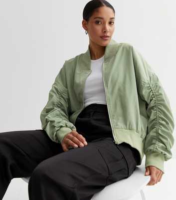 Cameo Rose Light Green Ruched Bomber Jacket
