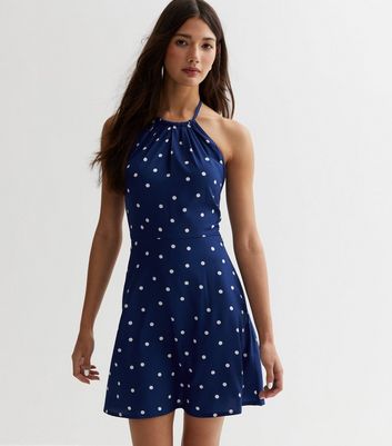 Blue Spot Halter Mini Dress New Look