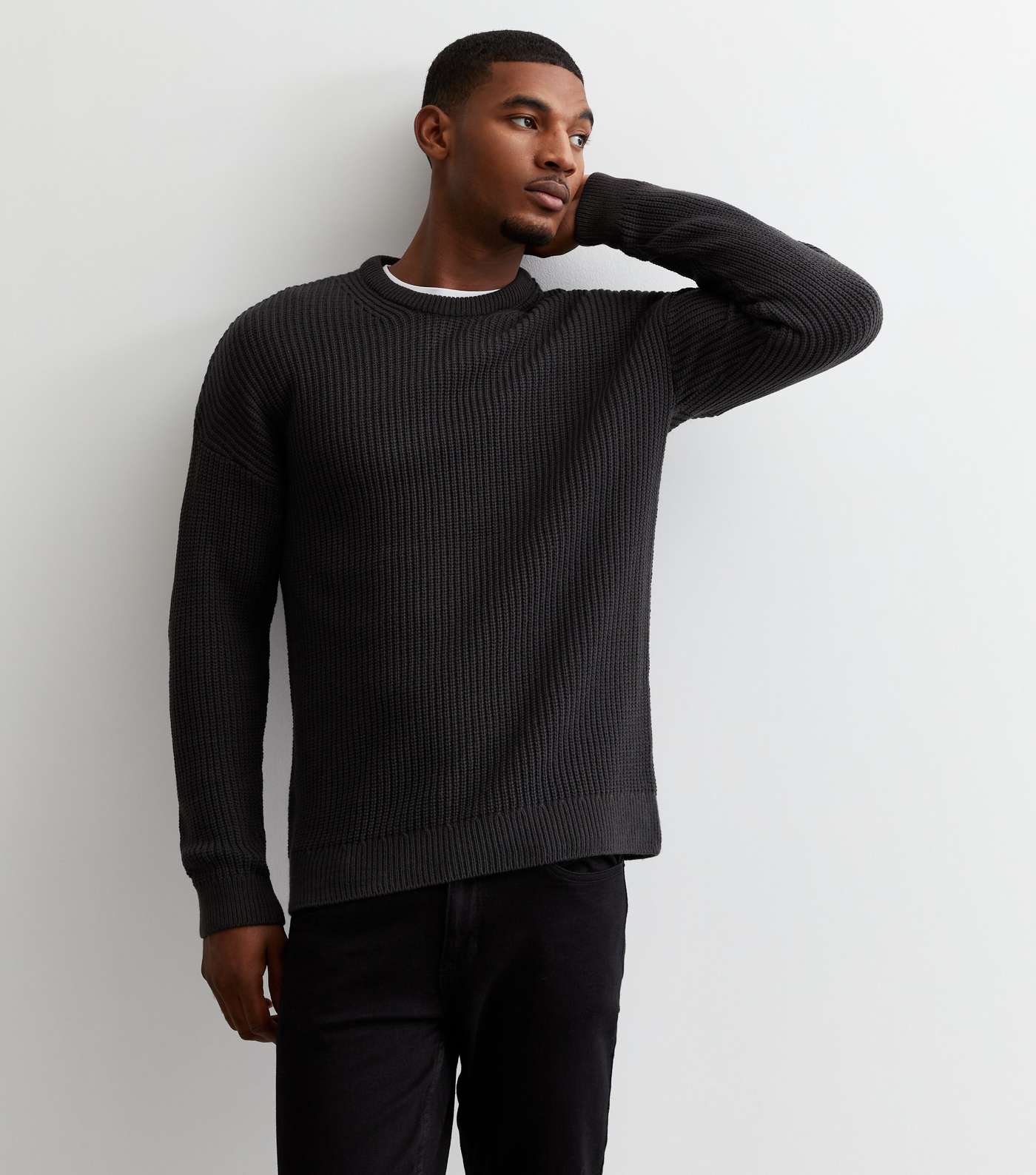 Dark Grey Fisherman Knit Crew Neck Relaxed Fit Jumper