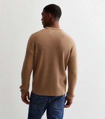 Men's Camel Fisherman Knit Crew Neck Relaxed Fit Jumper New Look