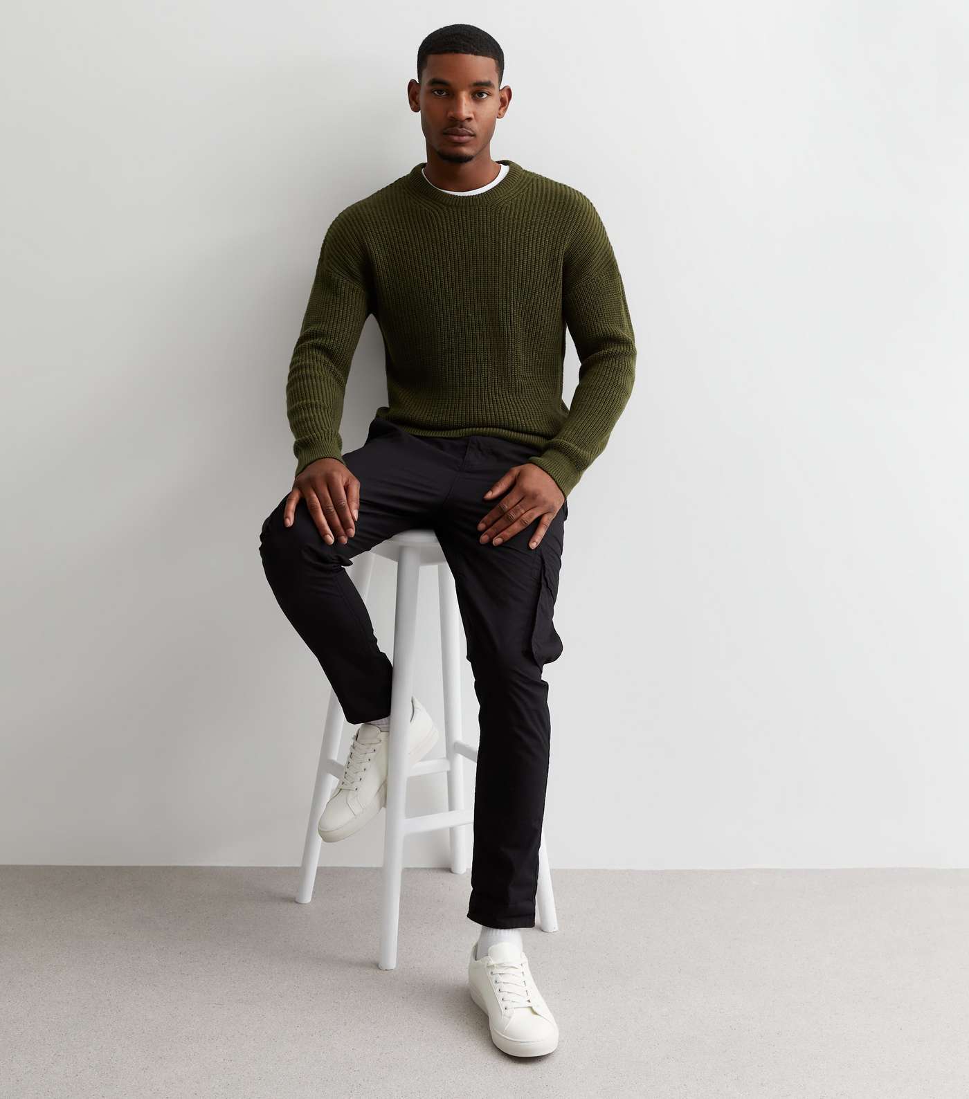 Khaki Fisherman Knit Crew Neck Relaxed Fit Jumper Image 3