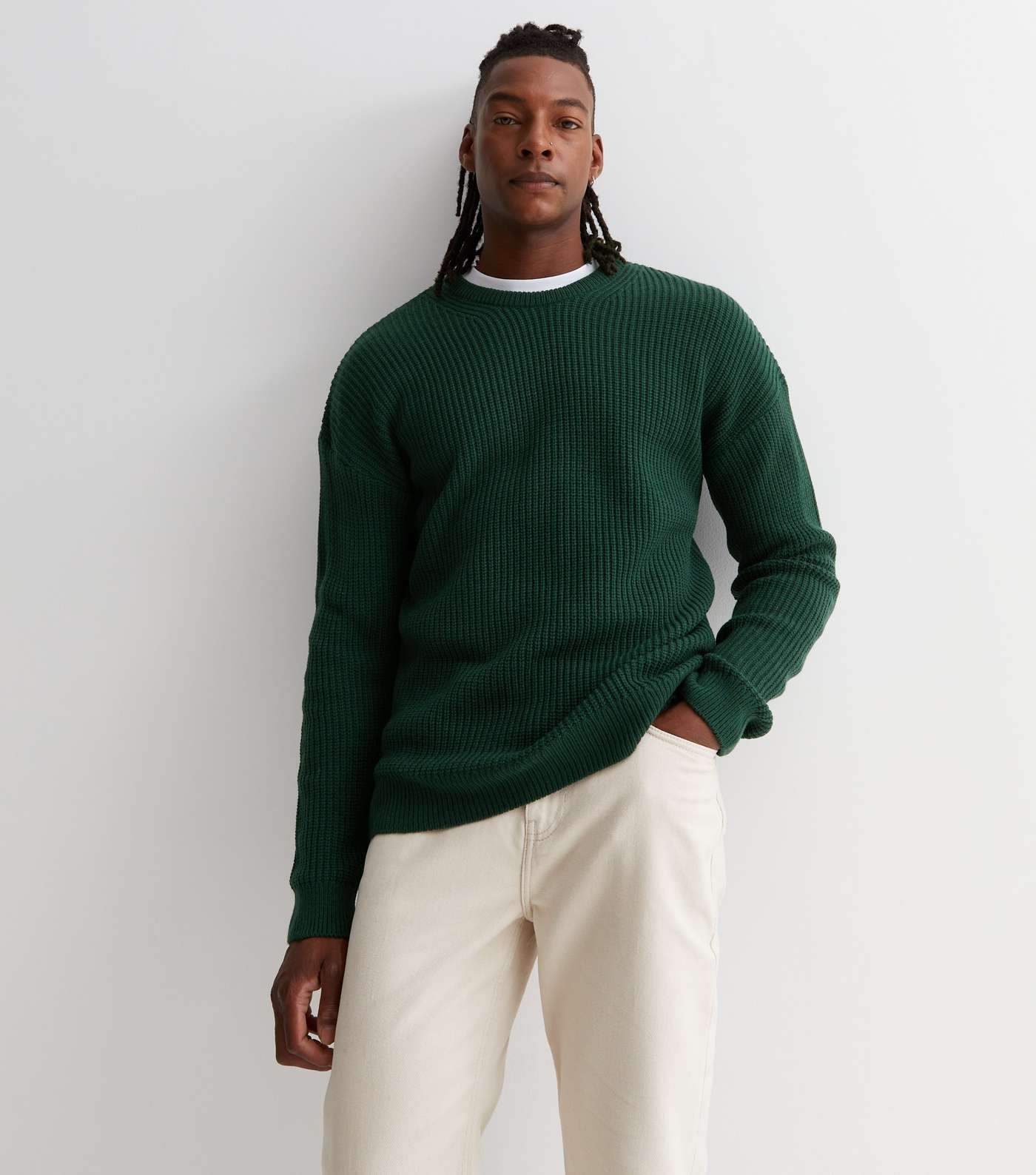 Dark Green Fisherman Knit Crew Neck Relaxed Fit Jumper Image 2