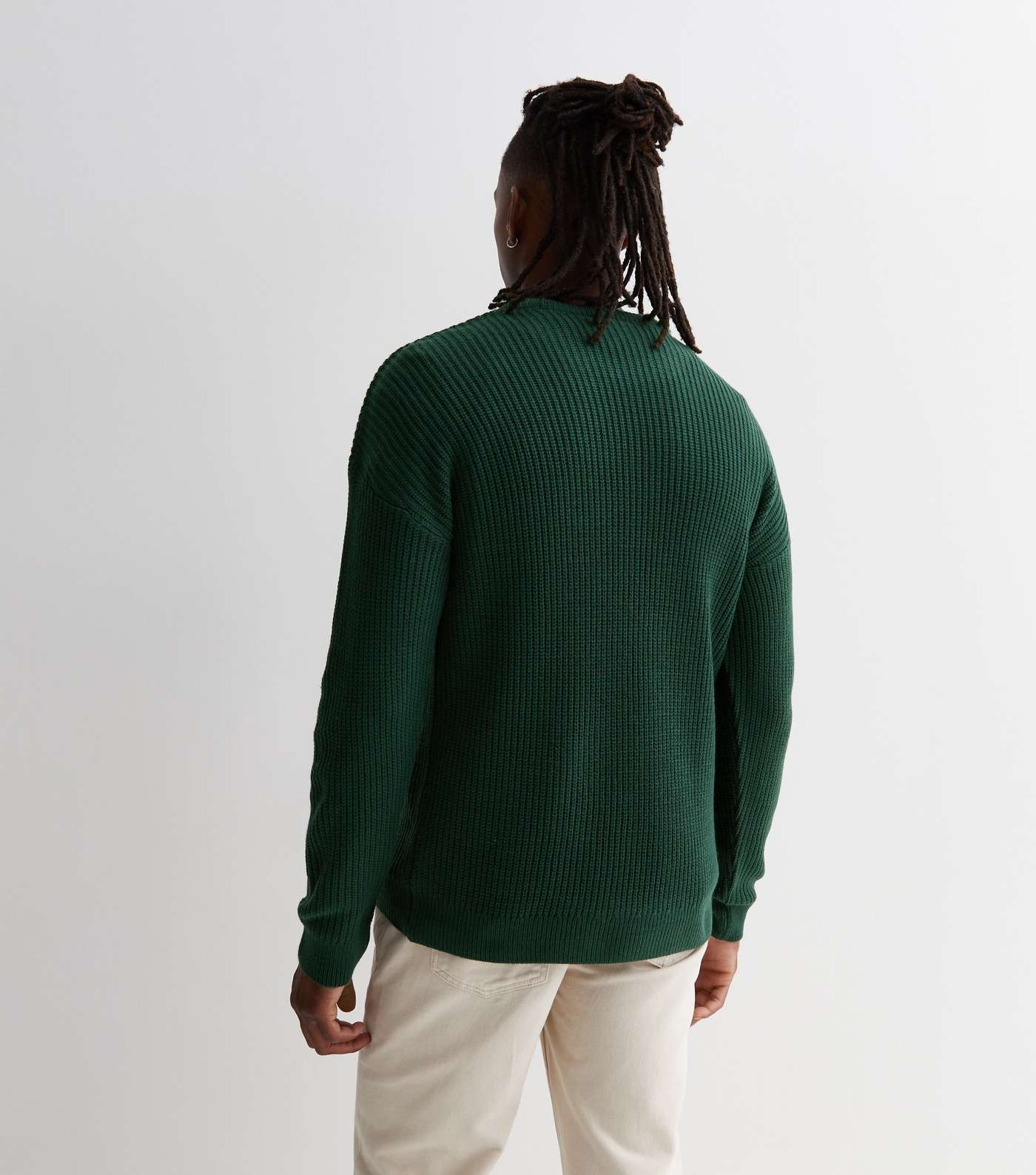 Dark Green Fisherman Knit Crew Neck Relaxed Fit Jumper Image 4
