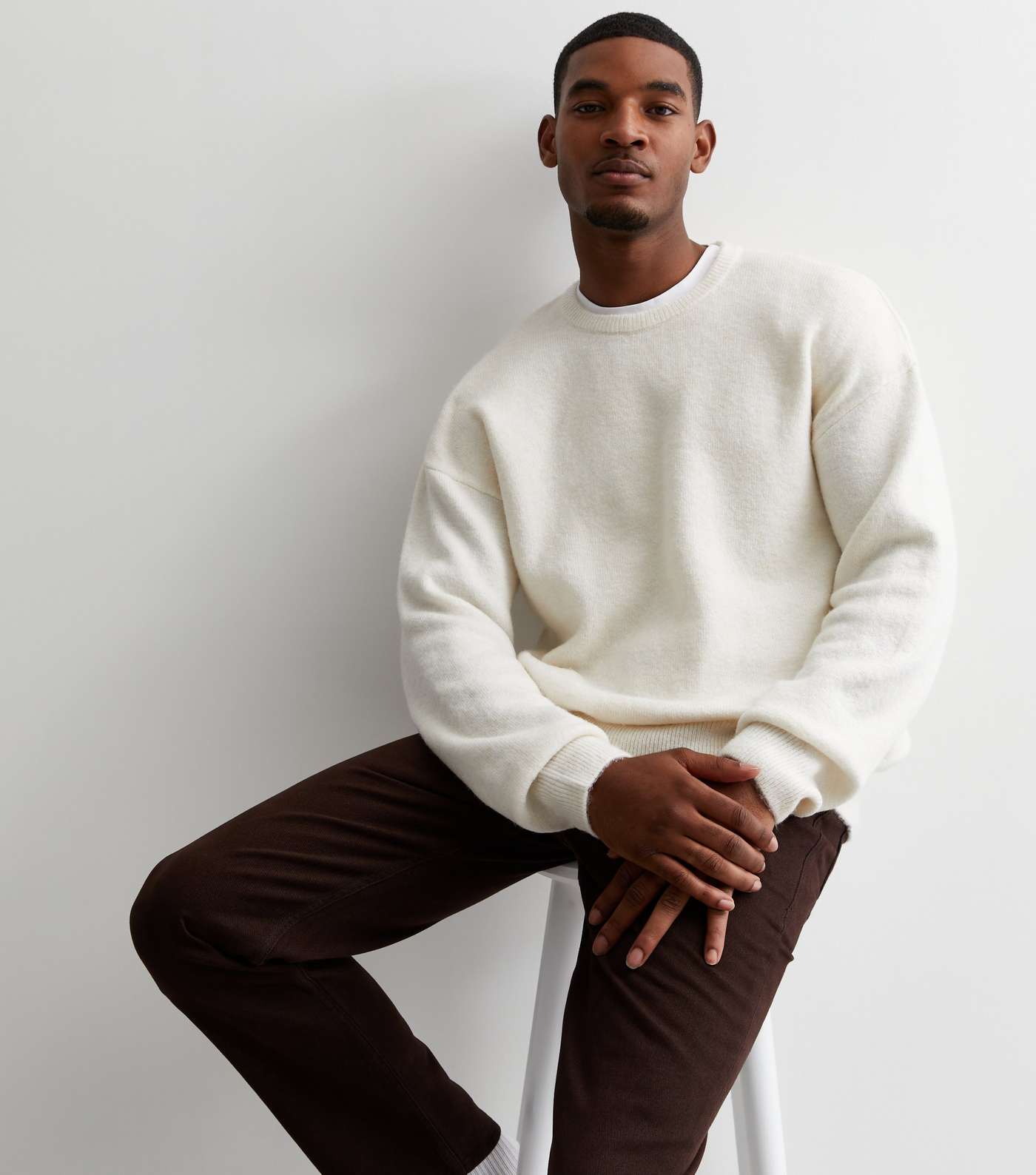 Off White Soft Knit Crew Neck Relaxed Fit Jumper