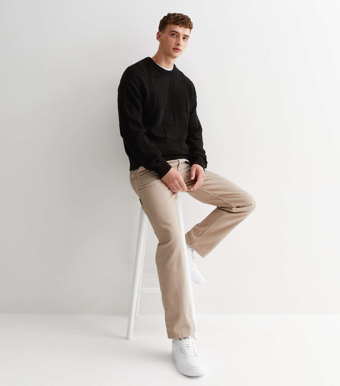 Black Check Stitch Knit Crew Neck Relaxed Fit Jumper Image 3