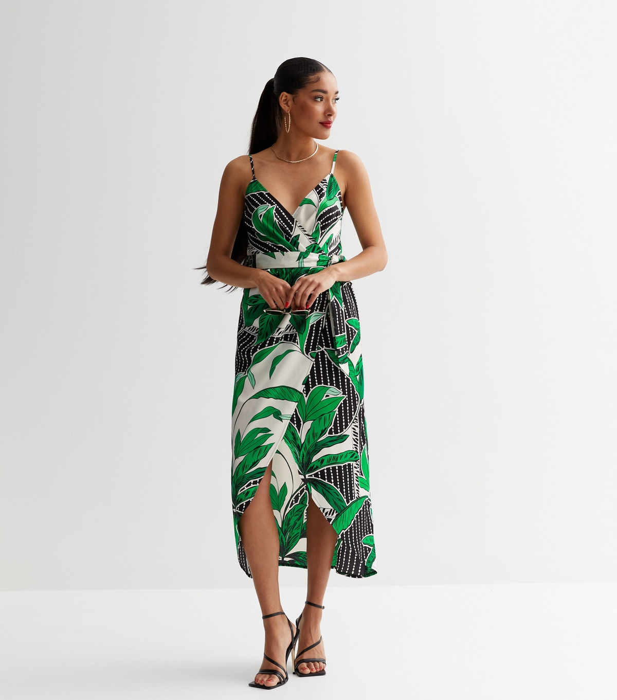 Women's Black Tropical Satin Strappy Midi Wrap Dress New Look