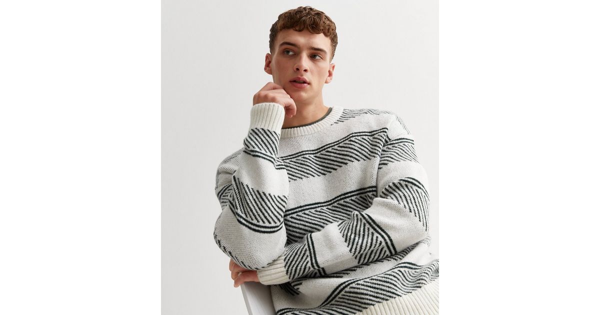 Off White Stripe Knit Crew Neck Relaxed Fit Jumper | New Look
