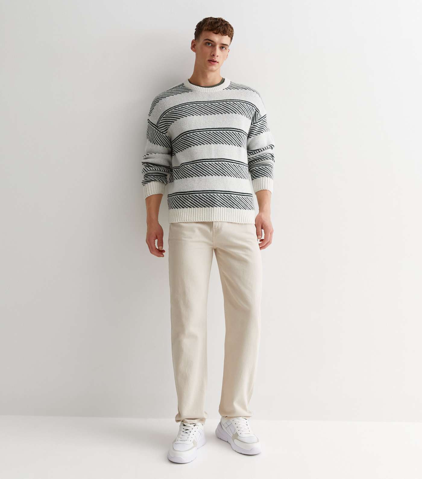 Off White Stripe Knit Crew Neck Relaxed Fit Jumper Image 3