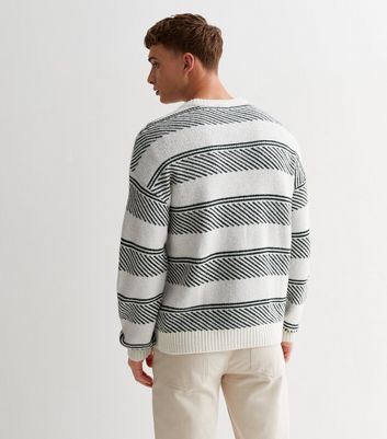 Men's Off White Stripe Knit Crew Neck Relaxed Fit Jumper New Look