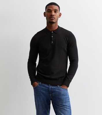 Black Fine Knit Long Sleeve Slim Fit Polo Jumper