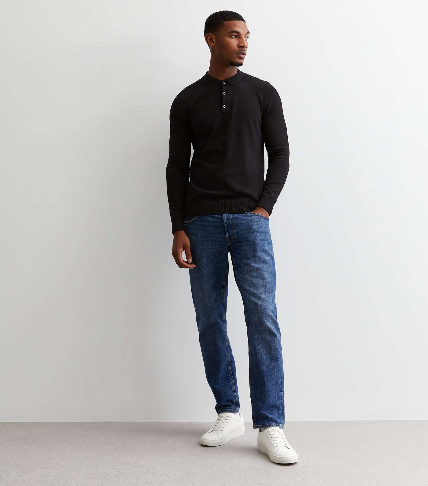 Black Fine Knit Long Sleeve Slim Fit Polo Jumper Image 3