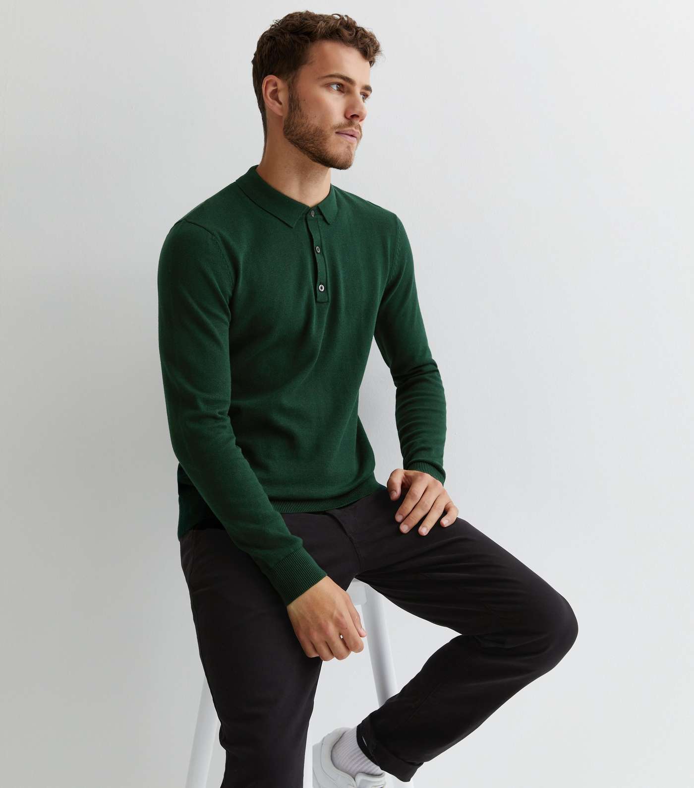 Green Fine Knit Long Sleeve Slim Fit Polo Jumper