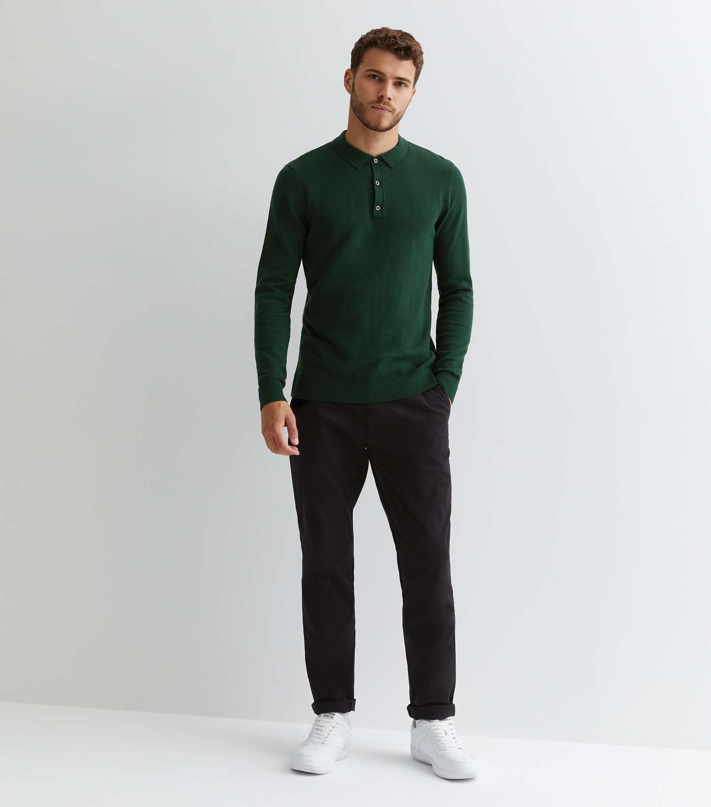 Green Fine Knit Long Sleeve Slim Fit Polo Jumper Image 3