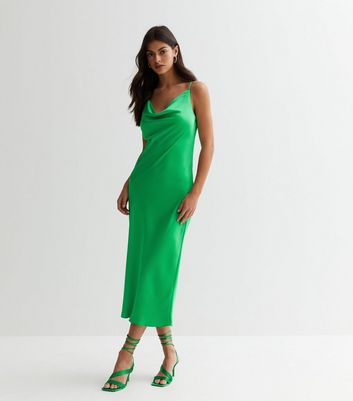 Green Satin Cowl Neck Midi Dress New Look