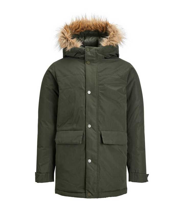 Jack Jones Junior Dark Green Faux Fur Hooded Parka Jacket