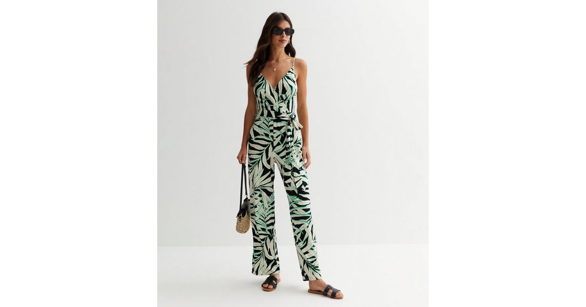 Green Tropical Jersey Strappy Jumpsuit New Look