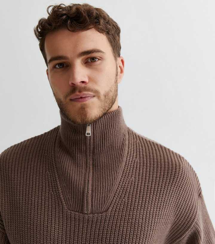 Light Brown Fisherman Knit Zip Neck Relaxed Fit Jumper