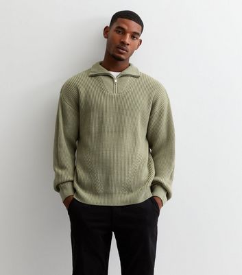 Olive Fisherman Knit Zip Neck Relaxed Fit Jumper | New Look