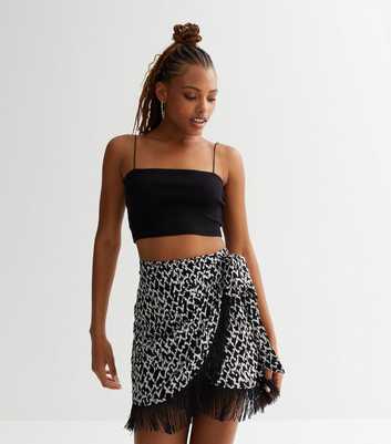 Black Abstract Fringe Wrap Mini Skirt