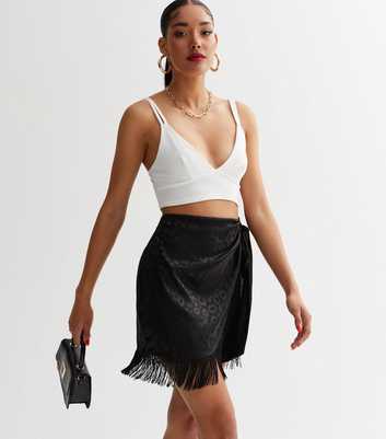 Black Satin Jacquard Fringe Trim Mini Skirt
