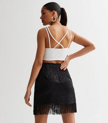 Black Satin Jacquard Fringe Trim Mini Skirt | New Look