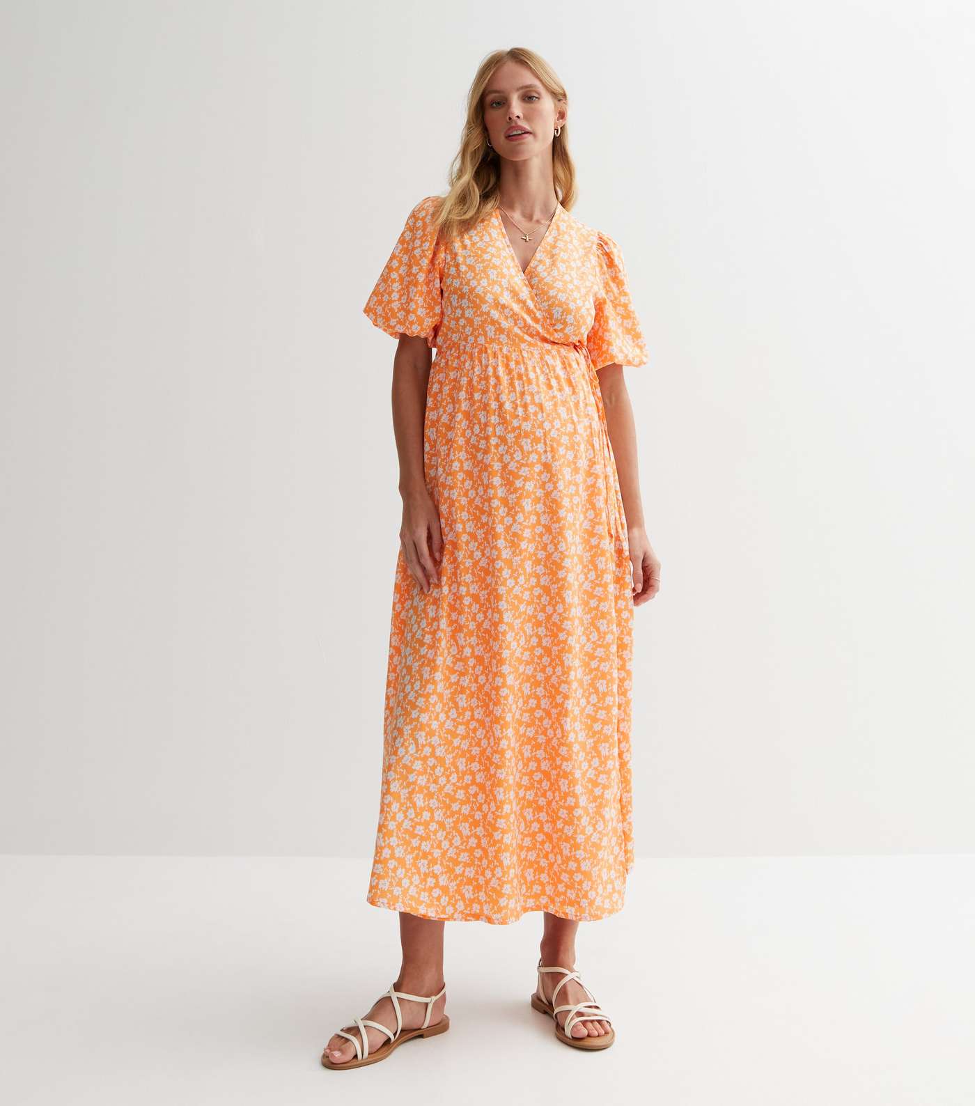 Maternity Orange Floral Midaxi Dress Image 3