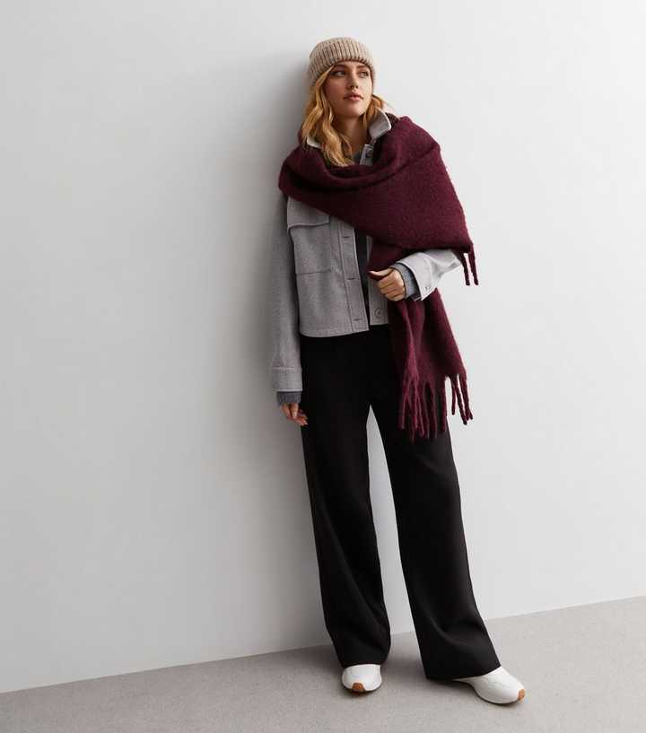 Burgundy Brushed Tassel Scarf New Look