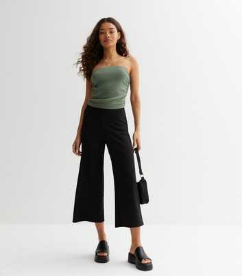 Petite Black Jersey Ribbed Crop Trousers