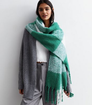 Dark Green Check Brushed Tassel Scarf | New Look