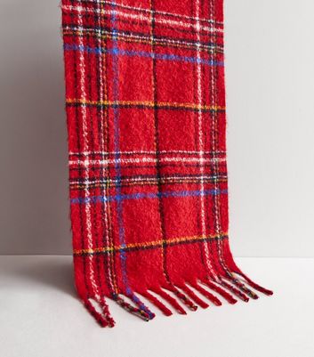 Red Check Brushed Tassel Scarf New Look